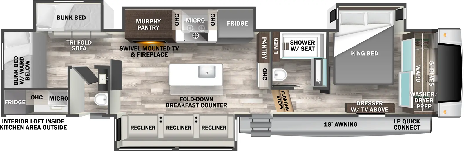 The 375BHO has four slideouts and two entries. Exterior features an 18 foot awning, LP quick connect, and rear outdoor kitchen. Interior layout front to back: front wardrobe with shelves and washer/dryer prep, off-door side king bed slideout, door side dresser with TV above; off-door side full bathroom with linen closet and shower with seat; floating steps down into living area and main entry; pantry, countertop and overhead cabinet along inner wall; off-door side slideout with refrigerator, microwave, cooktop, overhead cabinets, and murphy pantry with swivel-mounted TV and fireplace; kitchen island with sink and fold-down breakfast counter; door-side slideout with three recliners; rear bunk house with door side half bath with second entry door, off-door side slideout with upper bunk and lower tri-fold sofa, and rear bunk with wardrobe below.